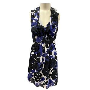 Blue Floral Print Sheer Ruffled V-Neck Belted Dress By Trulli Size 4P